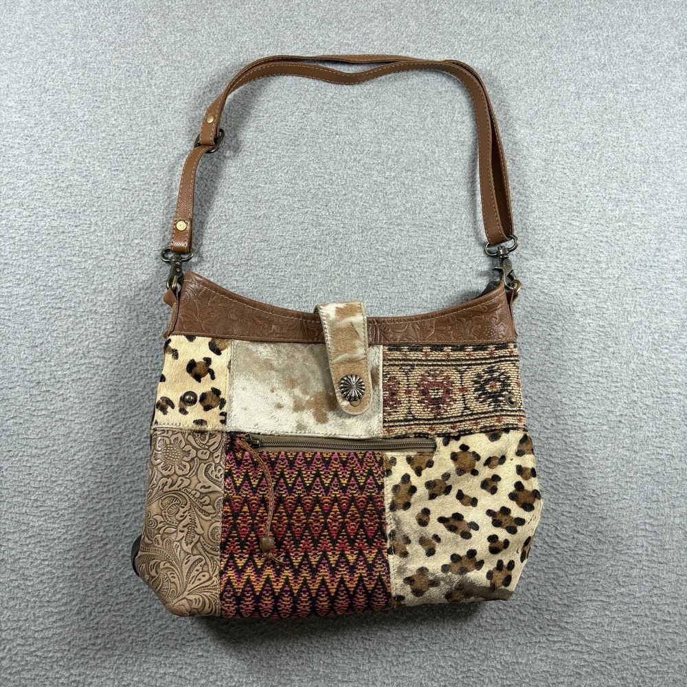 Myra Bag Cowhide Patchwork Leather Shoulder Purse Leopard Tapestry Western Boho